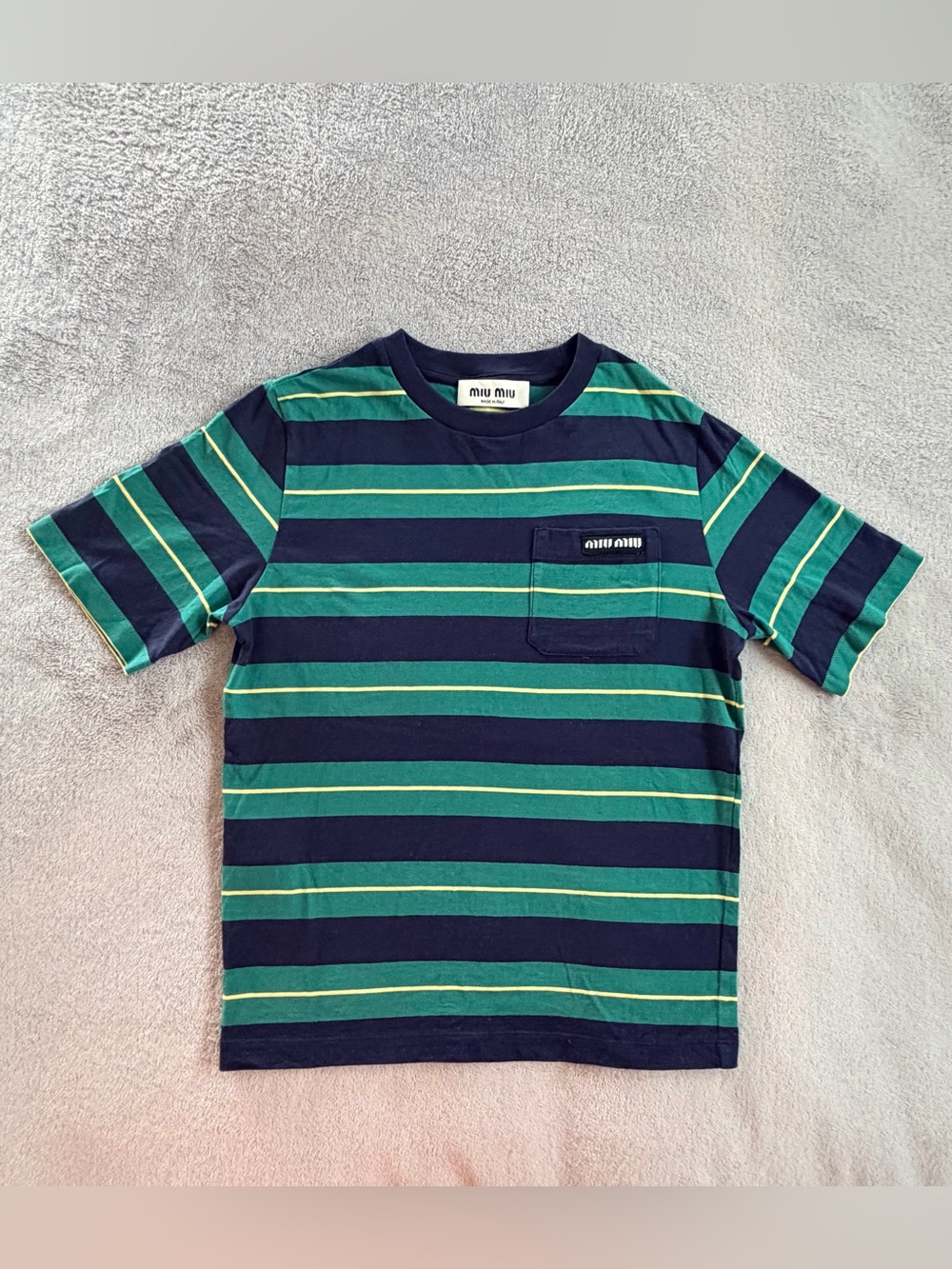 Miu Miu Navy & Green Striped Pocket T Shirt Size S